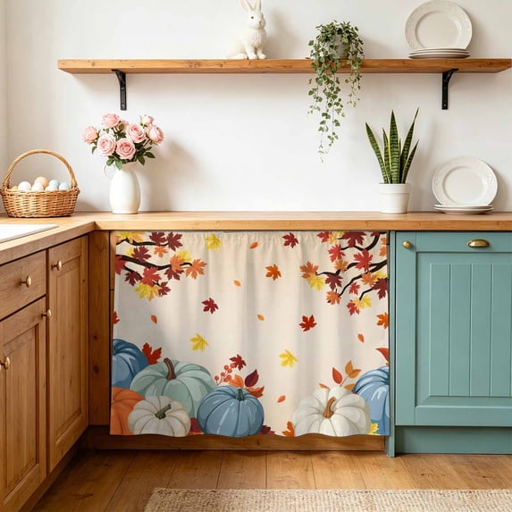 Orange Blue Pumpkin Fall Sink Skirt 11"Wx13"L,Dustproof Under Sink Curtain with Self Adhesive Tape,Branches Thanksgiving Maple Leaf Cabinet Curtain Cover for Bathroom Vanity,Kitchen Storage Shelf