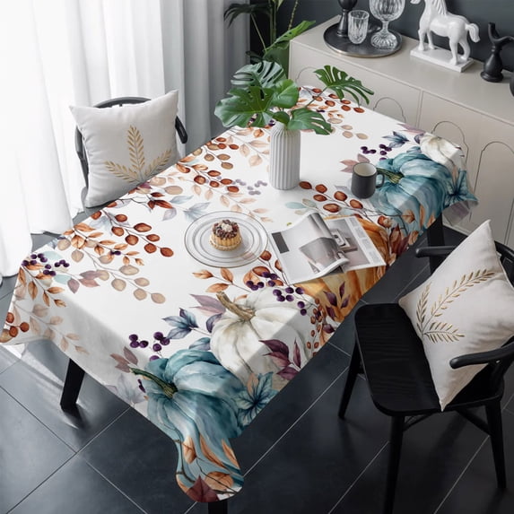 Orange Blue Pumpkin Fall Table Cloth Waterproof Tablecloths, Thanksgiving Maple Leaf Tablecloth Dining Table Cover for Kitchen Party Tabletop Outdoor, Rectangle Tablecloth 54x108 Inch