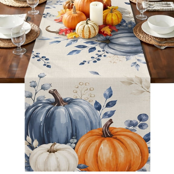 Orange Blue Pumpkin Fall Table Runner 36 Inches Long, Rustic Maple Leaf Thanksgiving Table Runners Dresser Scarf, Kitchen Dining Tables Decoration for Holiday Party Wedding Home Decor, 13"x36"