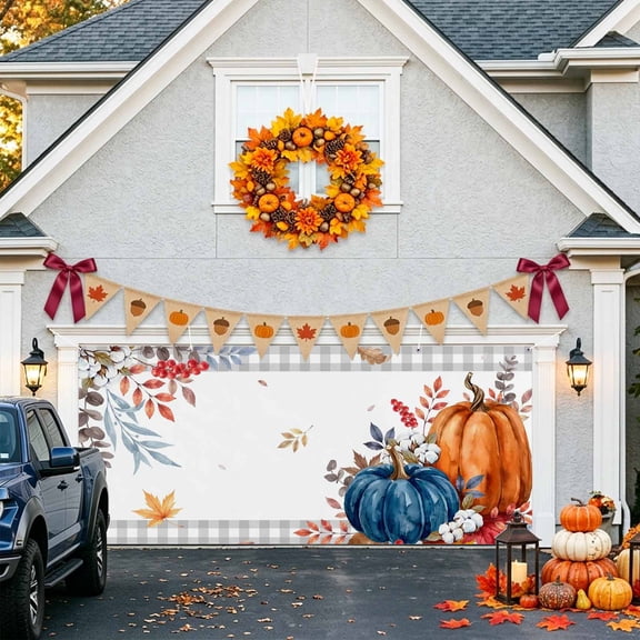 Orange Blue Pumpkin Garage Door Banner Covers, Fall Thanksgiving Brown Leaf Cotton Flower Large Hanging Indoor/Outdoor Backdrop Background for Christmas Winter Party Decor, 6.9x16ft