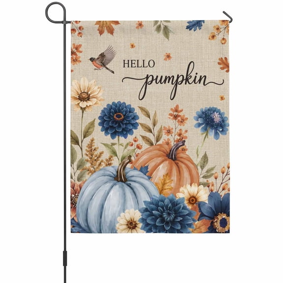 Orange Blue Pumpkin Garden Flag 12 x 18 Inches, Fall Navy Blue Flower Rustic Linen Texture Weather Proof Outdoor Patio Flags Double Sided Small Garden Decoration for Yard Outside Home