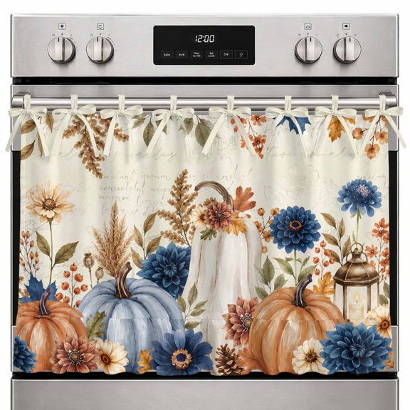 Orange Blue Pumpkin Oven Curtain with Tie Top, Thanksgiving Fall Leaf Navy Blue Flower Beige Oven Skirt Curtains with Tie Top Cabinet Cover Curtain for Small Kitchen Apartment Decor 27 x 20 Inches