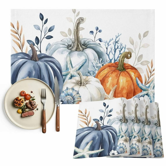 Orange Blue Pumpkin Placemats Set of 12 Leaf Starfish Coral Heat Insulated Linen Place Mats, Washable Stain-Proof Table Mats for Dining Tables Holiday Decor 13x19inch