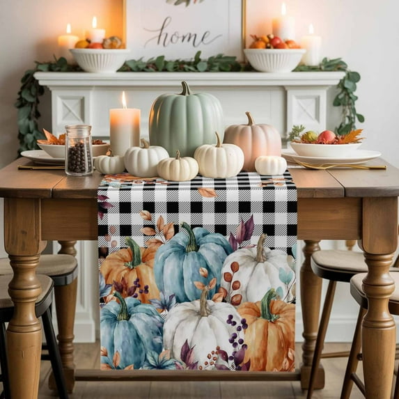 Orange Blue Pumpkin Table Runner, Autumn Thanksgiving Kitchen Dining Table Decoration for Home Party Decor 13x36 Inches