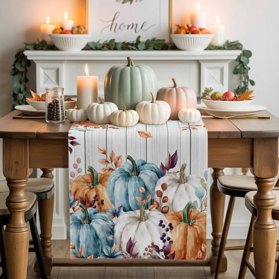Orange Blue Pumpkin Table Runner, Autumn Thanksgiving Kitchen Dining Table Decoration for Home Party Decor 18x72 Inches