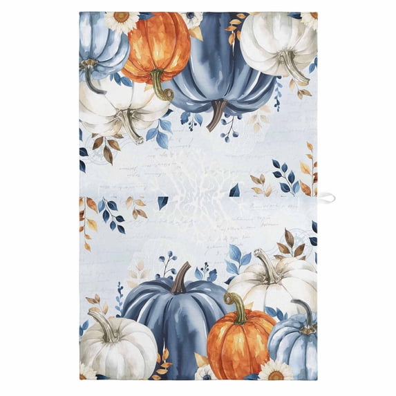 Orange Blue Pumpkins Fall 1 Pack Kitchen Towel, Water Absorbent Dish Towel, Thanksgiving Floral Eucalyptus Decorative Hand Towels - Quick Drying Cloth for Cooking Baking, 18x28 Inch