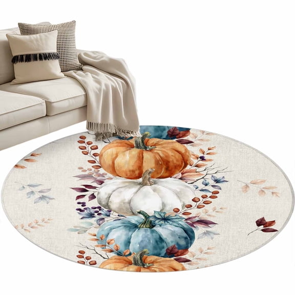 Orange Blue Pumpkins Fall 3ft Area Rug, Thanksgiving Farmhouse Leaves Washable Non-Slip Small Round Rugs for Entryway Bedroom Kitchen, Soft Circle Carpet for Dining Room, Playroom Nursery Rug