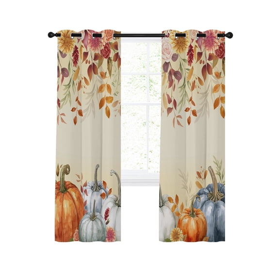 Orange Blue Pumpkins Fall Blackout Curtains 45 Inches Length, Thanksgiving Eucalyptus Floral Window Treatment Thermal Insulated Drapes for Bedroom Living Room 2 Panels 84x45 Inches