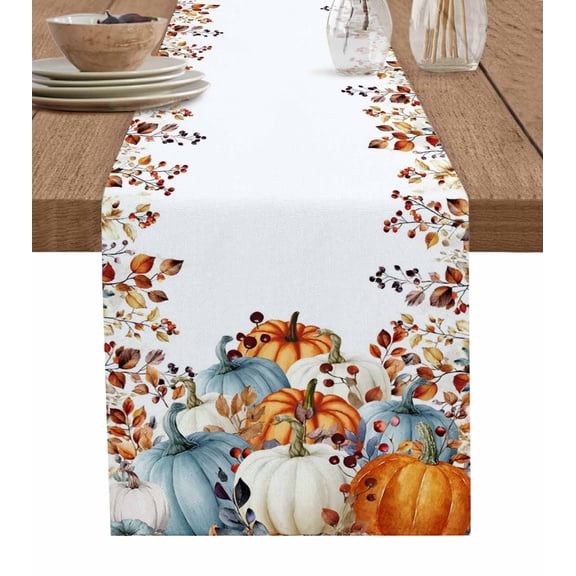 Orange Blue Pumpkins Fall Burlap Cotton Table Runner 13x48 Inches Long, Leaves Thanksgiving Farmhouse Fall Farmhouse Table Runners, Outdoor Dining Tablecloths Decor for Baby Shower/Party/Wedding