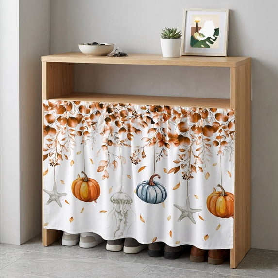 Orange Blue Pumpkins Fall Cabinet Curtain 35"Wx35"L,Dustproof Under Sink Skirt W/ Self Adhesive Tape,Coastal Starfish Eucalyptus Leaves Cabinet Curtain Cover for Kitchen Sink,Bathroom Vanity