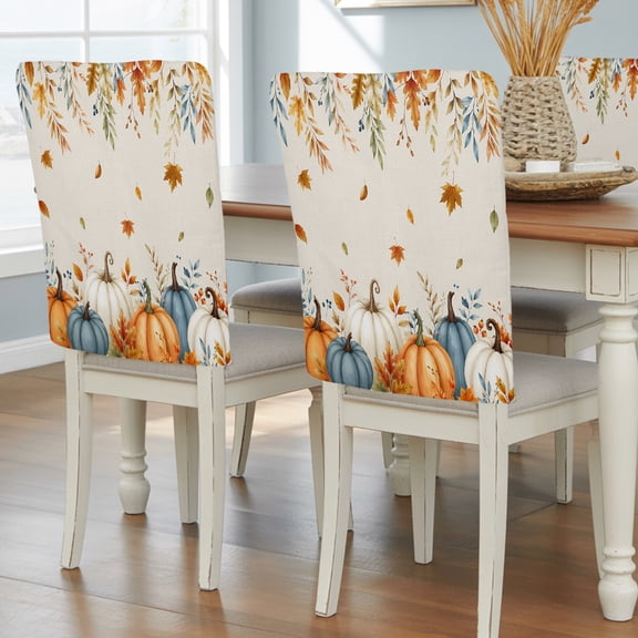Orange Blue Pumpkins Fall Chair Covers for Dining Room 4 Pack, Thanksgiving Rustic Maple Leaf Chair Back Covers Protector Removable Kitchen Slipcovers for Wedding Party Banquet Holiday Décor