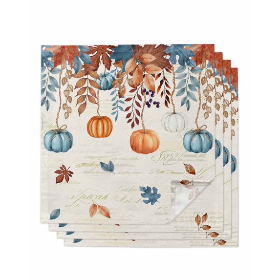 Orange Blue Pumpkins Fall Cloth Napkins Set of 4 Reusable Dinner Napkins, Weeping Botanical Thanksgiving Retro Cocktail Napkin Washable Table Napkins for Wedding/Holiday Party/Baby Shower 20"x20"