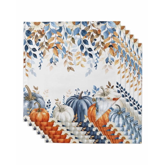 Orange Blue Pumpkins Fall Cloth Napkins Set of 6 Reusable Dinner Napkins, Thanksgiving Eucalyptus Leaf Autumn Cocktail Napkin Washable Table Napkins for Wedding/Holiday Party/Baby Shower 20"x20"