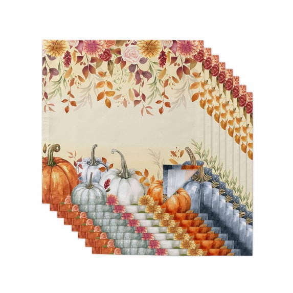 Orange Blue Pumpkins Fall Cloth Napkins Set of 8 Reusable Dinner Napkins, Thanksgiving Eucalyptus Floral Cocktail Napkin Washable Table Napkins for Wedding/Holiday Party/Baby Shower 20"x20"