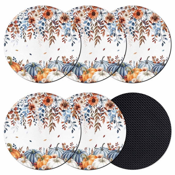 Orange Blue Pumpkins Fall Coasters Set of 6, Absorbent Coasters for Drinks, Thanksgiving Floral Botanical Coaster for Desk Coffee Table Protection, Home Decor House Warming Gifts 4"