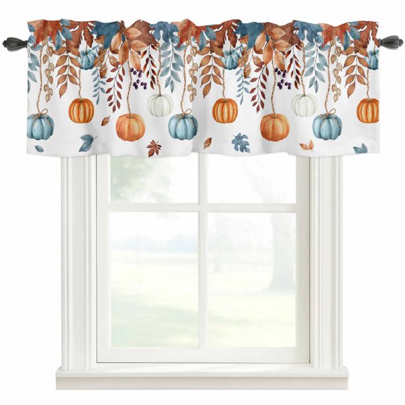 Orange Blue Pumpkins Fall Farmhouse Short Window Curtain Valances, Weeping Botanical Thanksgiving Rod Pocket Kitchen Valances for Living Room Bedroom Bathroom Cafe 42" x 12"