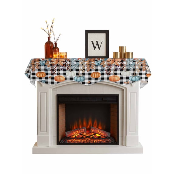 Orange Blue Pumpkins Fall Fireplace Mantle Scarf, Weeping Botanical Thanksgiving Plaid Mantel Cover Table Runner for Home Living Room Door Window, Indoor Outdoor Holiday Party Decor 17" x 90"
