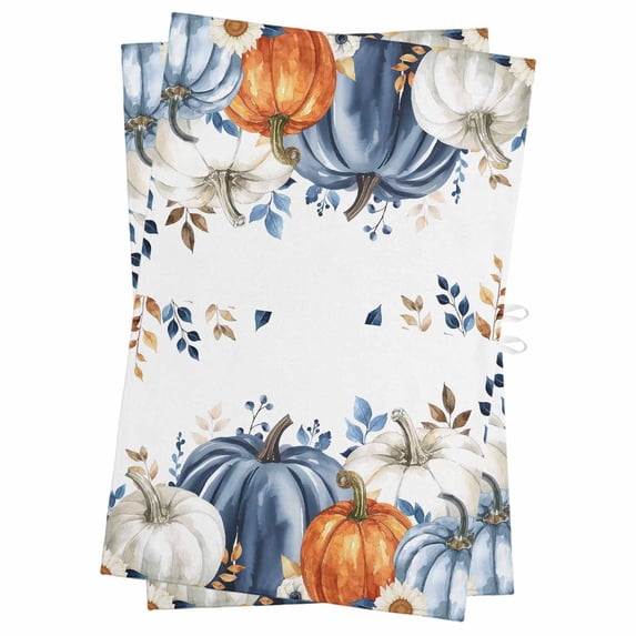 Orange Blue Pumpkins Fall Kitchen Towels Set of 2, Water Absorbent Dish Towel, Thanksgiving Eucalyptus Leaf Autumn Decorative Hand Towels - Quick Drying Cloth for Cooking Baking, 18x28 Inch