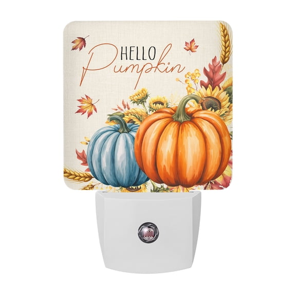 Orange Blue Pumpkins Fall Night Lights Plug Into Wall, LED Dusk to Dawn Sensor Night Light, Thanksgiving Botanical Floral Rustic Nightlight for Bedroom Bathroom Living Room Hallway Home Wall Decor
