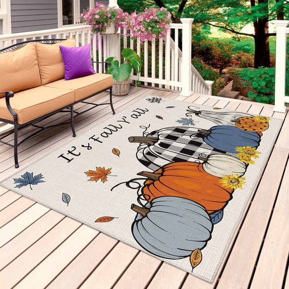 Orange Blue Pumpkins Fall Outdoor Rug for Patio/Deck/Porch, Non-Slip Large Area Rug 4 x 6 Ft, Thanksgiving Maple Leaf Rustic Indoor Outdoor Rugs Washable Area Rugs, Camping Rug Carpet Runner