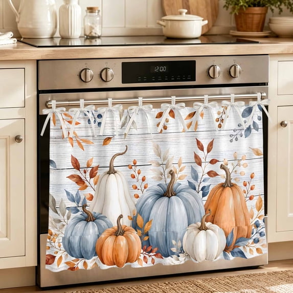 Orange Blue Pumpkins Fall Oven Skirt for Farmhouse Kitchen Décor, Thanksgiving Wooden Weeping Oven Curtain Tie Top Decorative Stove Skirt, Cabinet Dish Washer Curtains with 8 Ribbon Ties 30"x21.5"