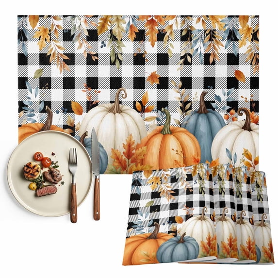 Orange Blue Pumpkins Fall Placemats Set of 2, Thanksgiving Maple Leaf Plaid Washable Wipeable Table Mats for Dining Tables, Indoor Outdoor Kitchen Place Mats for Holiday Party Table Decor