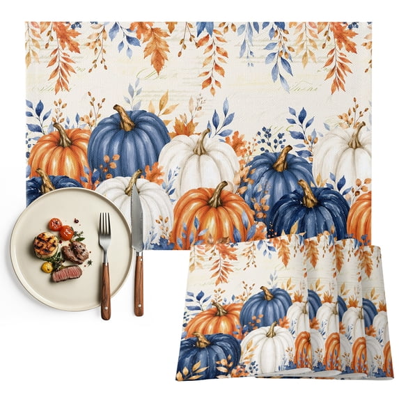 Orange Blue Pumpkins Fall Placemats Set of 4, Thanksgiving Eucalyptus Maple Washable Wipeable Table Mats for Dining Tables, Indoor Outdoor Kitchen Place Mats for Holiday Party Table Decor