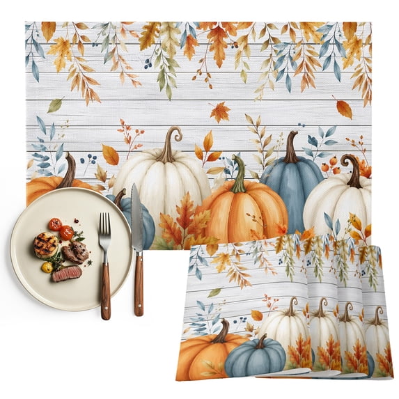 Orange Blue Pumpkins Fall Placemats Set of 4, Thanksgiving Maple Leaf Wooden Washable Wipeable Table Mats for Dining Tables, Indoor Outdoor Kitchen Place Mats for Holiday Party Table Decor