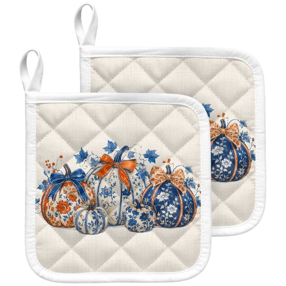 Orange Blue Pumpkins Fall Pot Holders for Kitchen Heatproof Potholder, 2 Pack Thanksgiving Maple Leaf Hot Pads Multipurpose Oven Pads Terry Cloth Potholders Trivet for Cooking and Baking