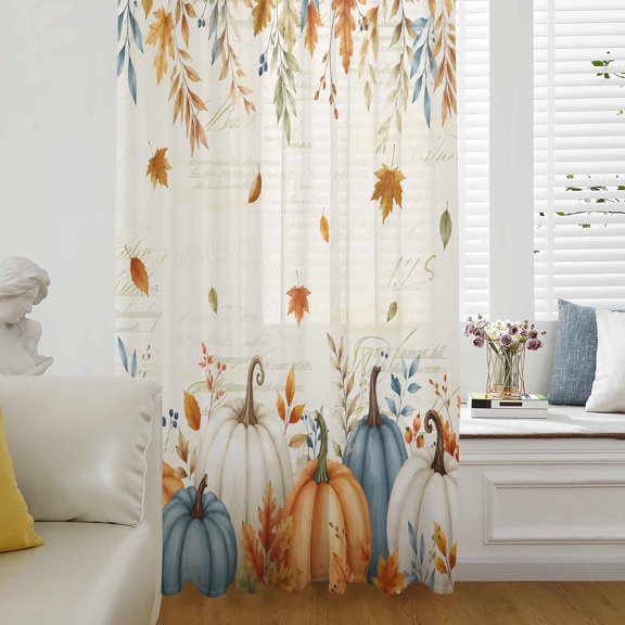 Orange Blue Pumpkins Fall Sheer Curtains 63 Inch Length, Light Filtering Voile Curtain Panel, Thanksgiving Maple Leaf Retro Rod Pocket Drapes Window Treatments for Living Room Bedroom 52"x63"