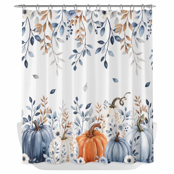 Orange Blue Pumpkins Fall Shower Curtain - Water Repellent Fabric Shower Curtains Washable, Autumn Botanical Thanksgiving Decorative Polyester Cloth Bathroom Curtains Modern Bath Decor 72"x84"