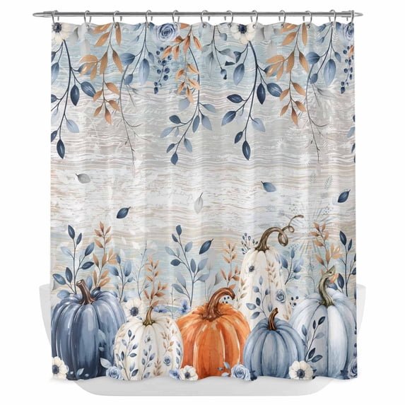 Orange Blue Pumpkins Fall Shower Curtain - Water Repellent Fabric Shower Curtains Washable, Thanksgiving Eucalyptus Gray Wooden Decorative Polyester Cloth Bathroom Curtains Modern Bath Decor 72"x72"