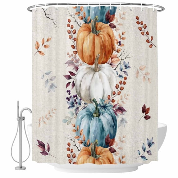 Orange Blue Pumpkins Fall Shower Curtain, Waterproof Shower Curtains for Bathroom, Thanksgiving Farmhouse Leaves Washable Fabric Bathtub Curtain Set Bath Decor with 12 Hooks Stall 36"x72"