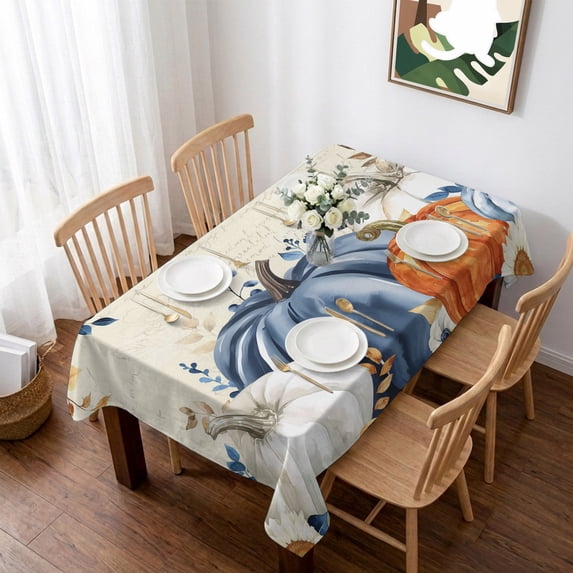 Orange Blue Pumpkins Fall Table Cloth Waterproof Tablecloths, Thanksgiving Eucalyptus Vintage Tablecloth Dining Table Cover for Kitchen Party Tabletop Outdoor, Rectangle Tablecloth 52x70 Inch