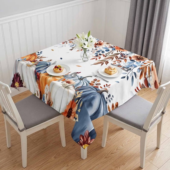 Orange Blue Pumpkins Fall Table Cloth Waterproof Tablecloths, Thanksgiving Floral Botanical Tablecloth Dining Table Cover for Kitchen Party Tabletop Outdoor, Square Tablecloth 60x60 Inch