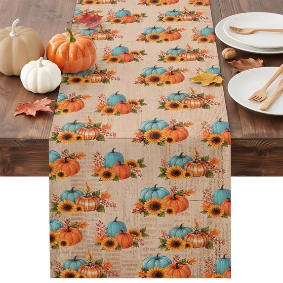 Orange Blue Pumpkins Fall Table Runner - 36 Inch Long Thanksgiving Sunflower Rustic Cotton and Linen Blended Dress Scarves Farmhouse Table Runner for Kitchen Dining, Coffee Table, 13" x 36"