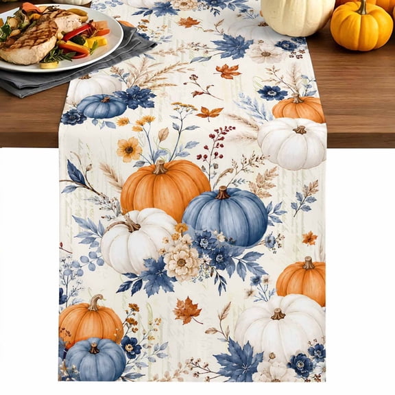 Orange Blue Pumpkins Fall Table Runner 36 Inches Long for Kitchen Dining, Thanksgiving Floral Botanical Dresser Scarf Farmhouse, Dining Table Decorations for Wedding/Parties, 13 x 36 In