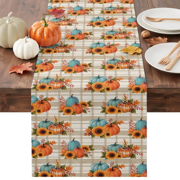 Orange Blue Pumpkins Fall Table Runner - 72 Inch Long Thanksgiving Brown Checkered Cotton and Linen Blended Dress Scarves Farmhouse Table Runner for Kitchen Dining, Coffee Table, 13" x 72"