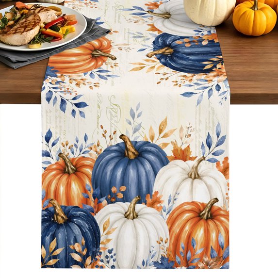 Orange Blue Pumpkins Fall Table Runner 72 Inches Long for Kitchen Dining, Thanksgiving Eucalyptus Maple Dresser Scarf Farmhouse, Dining Table Decorations for Wedding/Parties, 18 x 72 In