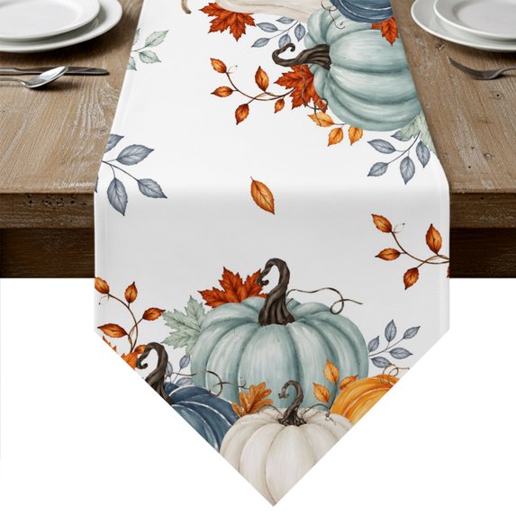 Orange Blue Pumpkins Fall Table Runner Linen Burlap Table Runner 120 Inches Long Maple Leaf Botanical Thanksgiving Dresser Scarves for Kitchen Island Coffee Dining Room Party Holiday Decor 13"x120"