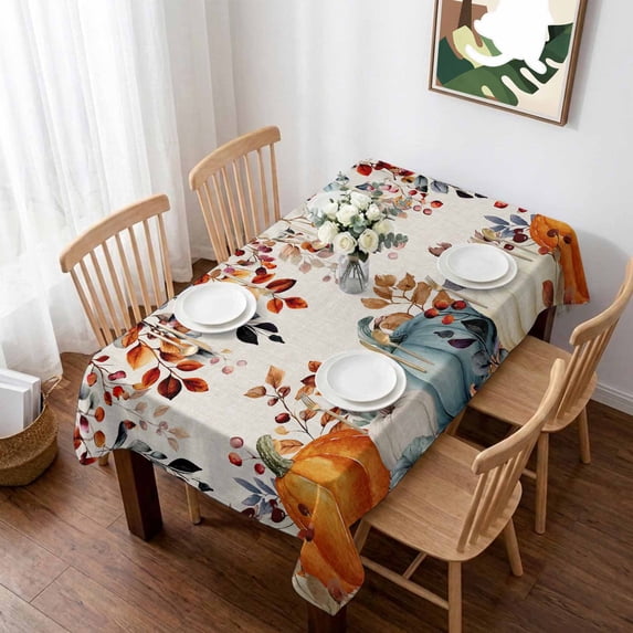 Orange Blue Pumpkins Table Cloth Waterproof Tablecloths, Thanksgiving Fall Leaves Farmhouse Tablecloth Dining Table Cover for Kitchen Party Tabletop Outdoor, Rectangle Tablecloth 60x102 Inch