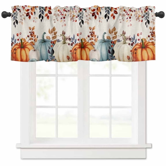 Orange Blue Pumpkins Valances for Windows Farmhouse Kitchen Curtains Valances Rod Pocket Valance Curtains for Kitchen Windows Thanksgiving Fall Leaves Farmhouse Window Valances for Bathroom 42"x12"