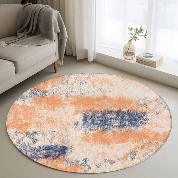 Orange Blue Round Area Rug 3.3 FT, Non Slip Small Entryway Kitchen Mat, Minimalist Smear Abstract Art Painting Washable Soft Circular Rug Non-Shedding Door Mat for Bathroom Playroom Kids Room