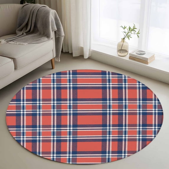 Orange Blue Round Area Rug 4 FT, Non Slip Indoor Outdoor Rug, British Style Buffalo Plaid Lattice Washable Soft Circular Carpet Non-Shedding Floor Mat for Coffee Table Nursery Foyer Balcony