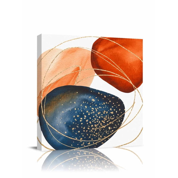 Orange Blue Round Canvas Wall Art, Modern Abstract Geometric Burnt Orange Navy Blue Gold Round Framed Wall Decor Modern Artwork Prints Painting for Living Room, Bedroom & Cafe Decor 28x28 Inch