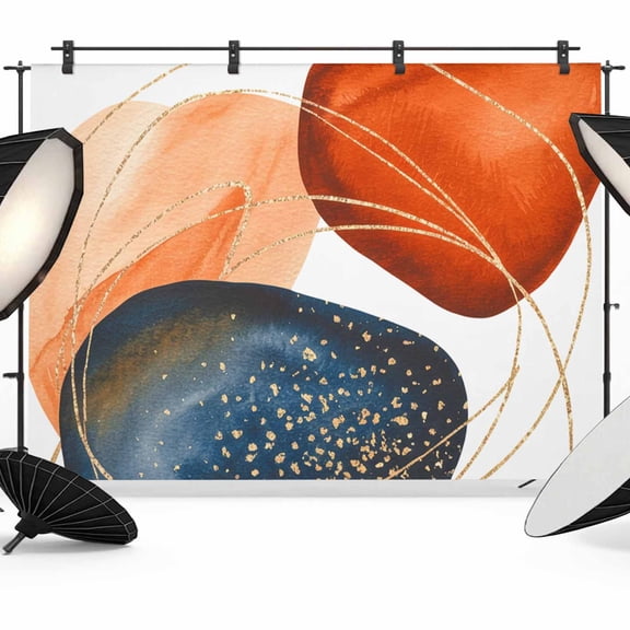 Orange Blue Round Photography Backdrop 7x5FT, Modern Abstract Geometric Burnt Orange Navy Blue Gold Round Photo Backdrops, Background for Photography Studio, Back Drop for Photoshoot