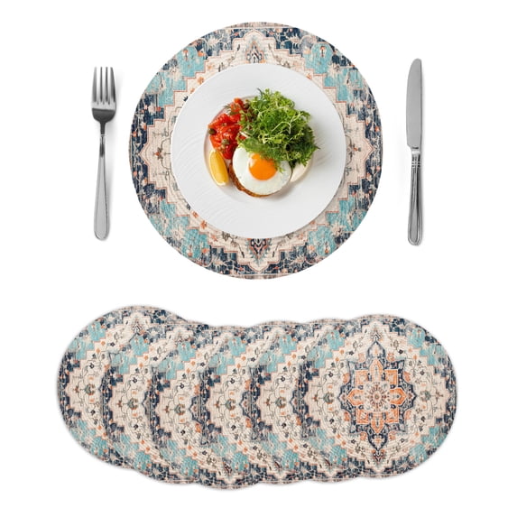Orange Blue Round Placemats Set of 6 for Dinning Tables,Heat-proof Braided Table Mats 13 Inch,Boho Geometric Middle Century Abstract Western Washable Place Mat for Kitchen Restaurant Party Table