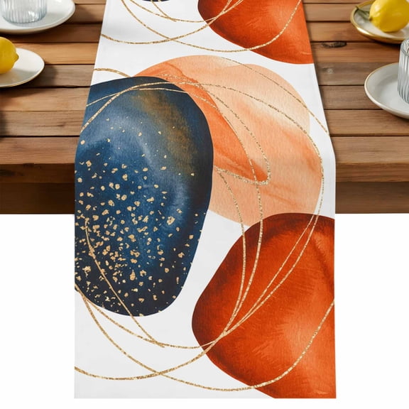 Orange Blue Round Table Runner, Modern Abstract Geometric Burnt Orange Navy Blue Gold Round Cotton Linen Table Cloth, Tablerunner for Kitchen Dining Party Wedding Home Decor 13x36 Inch