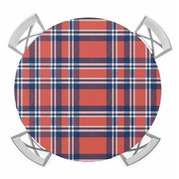 Orange Blue Round Tablecloth for 36-44 Inch Tables, Fitted Table Cover with Elastic Edge, British Style Buffalo Plaid Lattice Waterproof Outdoor Table Cloth Protector for Patio Garden Dinner Picnic