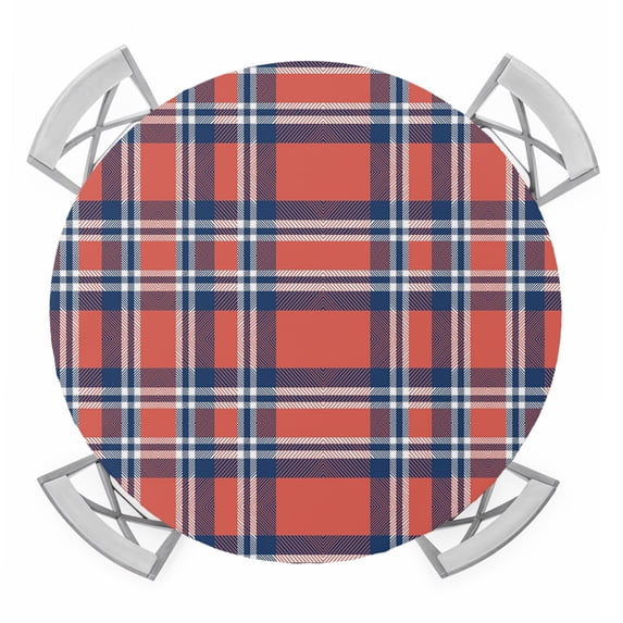 Orange Blue Round Tablecloth for 55-60 Inch Tables, Fitted Table Cover with Elastic Edge, British Style Buffalo Plaid Lattice Waterproof Outdoor Table Cloth Protector for Patio Garden Dinner Picnic